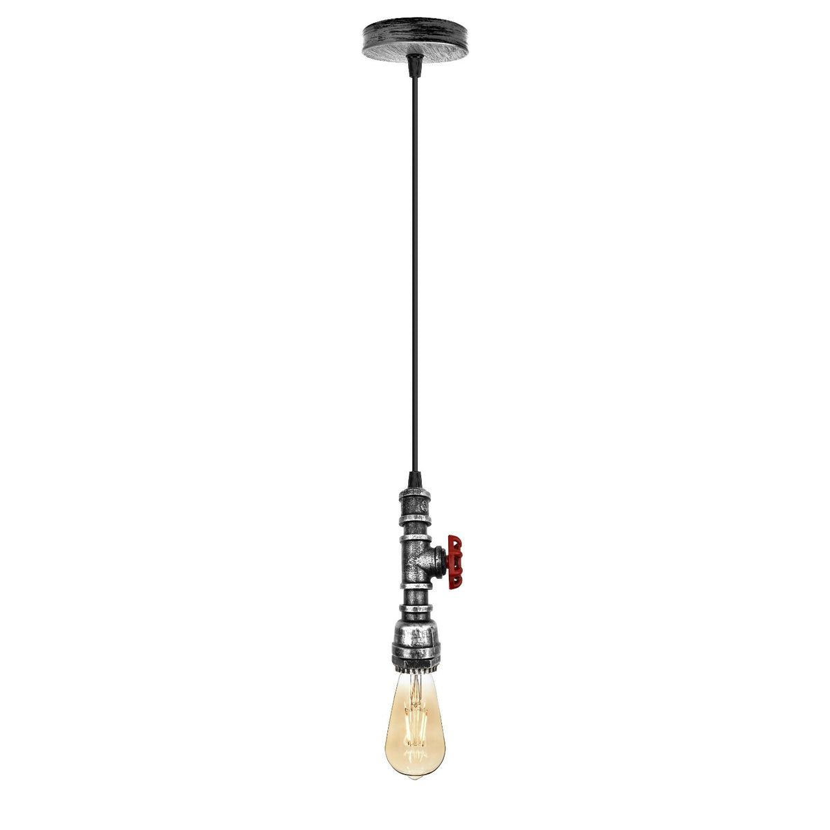Water Pipe Pendant Light – Steampunk Tap Design, 4 Finishes, E27 - Brushed Silver, No Shade, Holder Only, Without Bulb