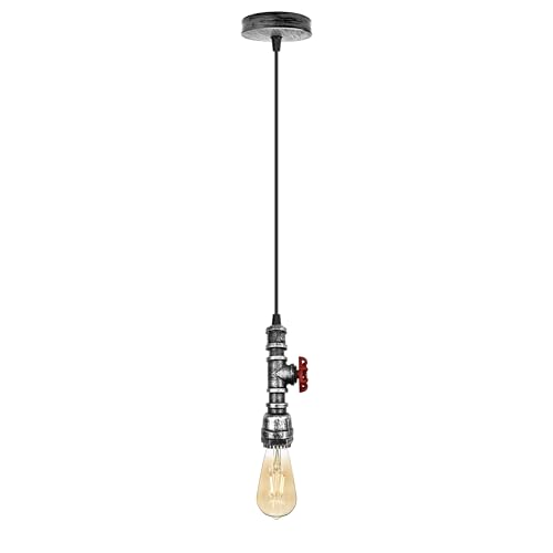 Water Pipe Pendant Light – Steampunk Tap Design, 4 Finishes, E27 - Brushed Silver, No Shade, Without Bulb