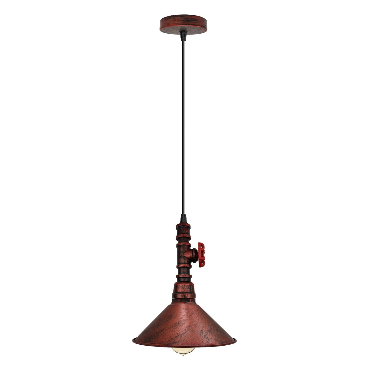 Water Pipe Pendant Light – Steampunk Tap Design, 4 Finishes, E27 - Rustic Red, Flat Cone 22 cm Rustic Red, Holder Only, Without Bulb