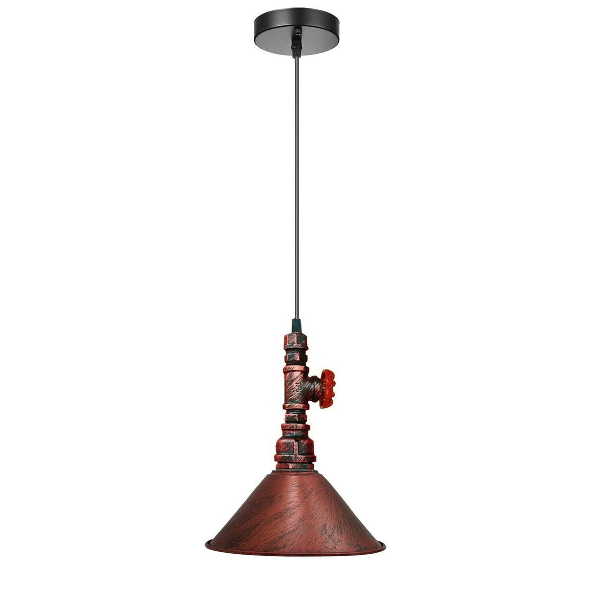 Water Pipe Pendant Light – Steampunk Tap Design, 4 Finishes, E27 - Rustic Red, Flat Cone 22 cm Rustic Red, Without Bulb