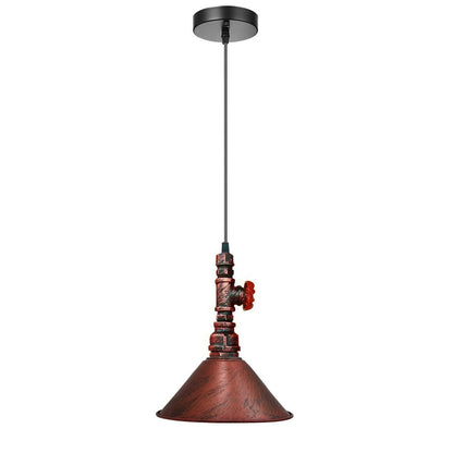 Water Pipe Pendant Light – Steampunk Tap Design, 4 Finishes, E27 - Rustic Red, Flat Cone 22 cm Rustic Red, Without Bulb
