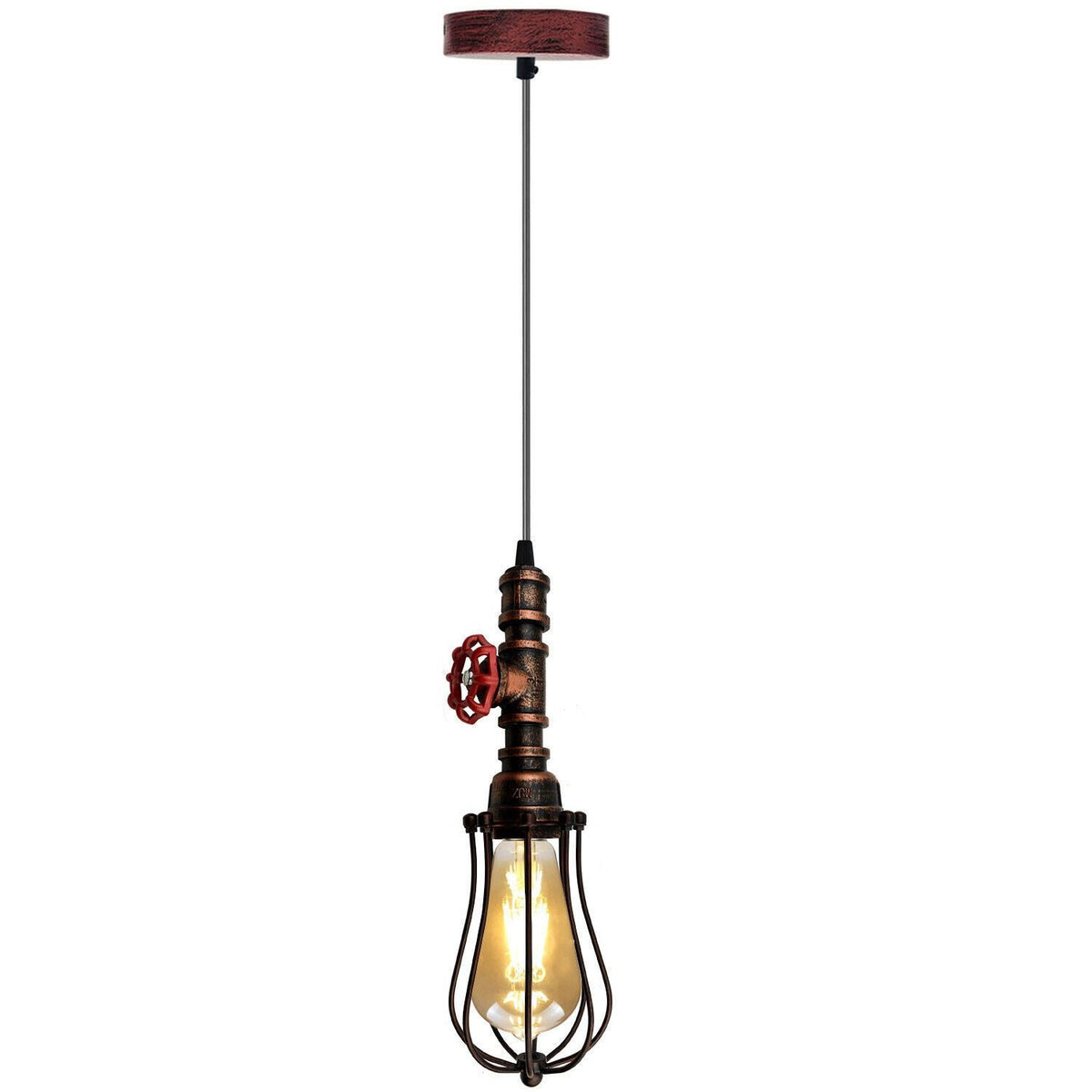 Water Pipe Pendant Light – Steampunk Tap Design, 4 Finishes, E27 - Rustic Red, Round Cage Rustic Red, Holder Only, T130 LED Bulb 4W