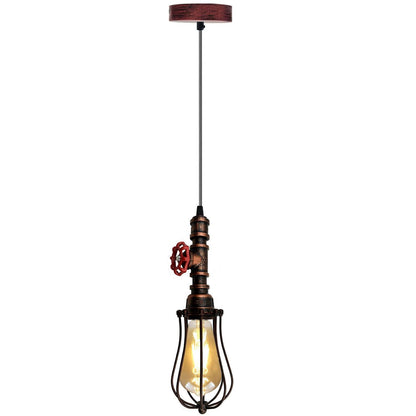 Water Pipe Pendant Light – Steampunk Tap Design, 4 Finishes, E27 - Rustic Red, Round Cage Rustic Red, Holder Only, T130 LED Bulb 4W