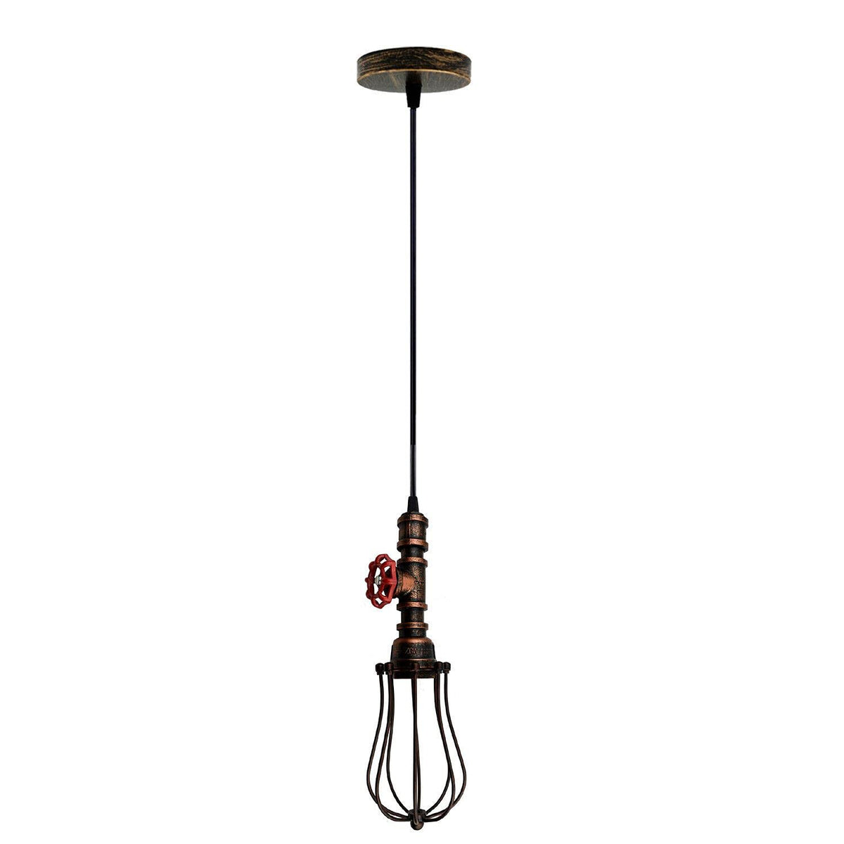 Water Pipe Pendant Light – Steampunk Tap Design, 4 Finishes, E27 - Rustic Red, Round Cage Rustic Red, Without Bulb