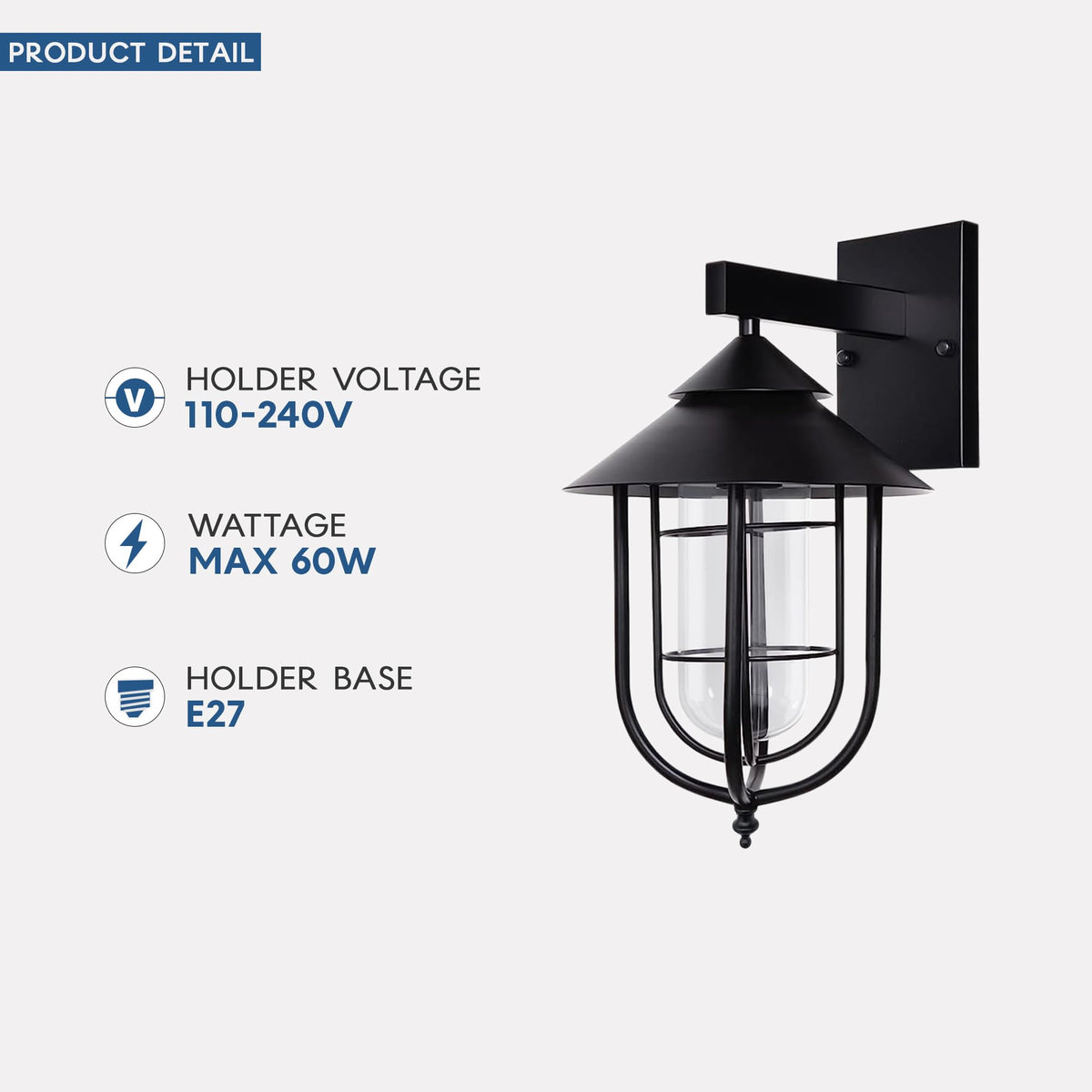 Vintage Outdoor Lantern Wall Light – Black, Ribbed Glass, E27 - photo 3