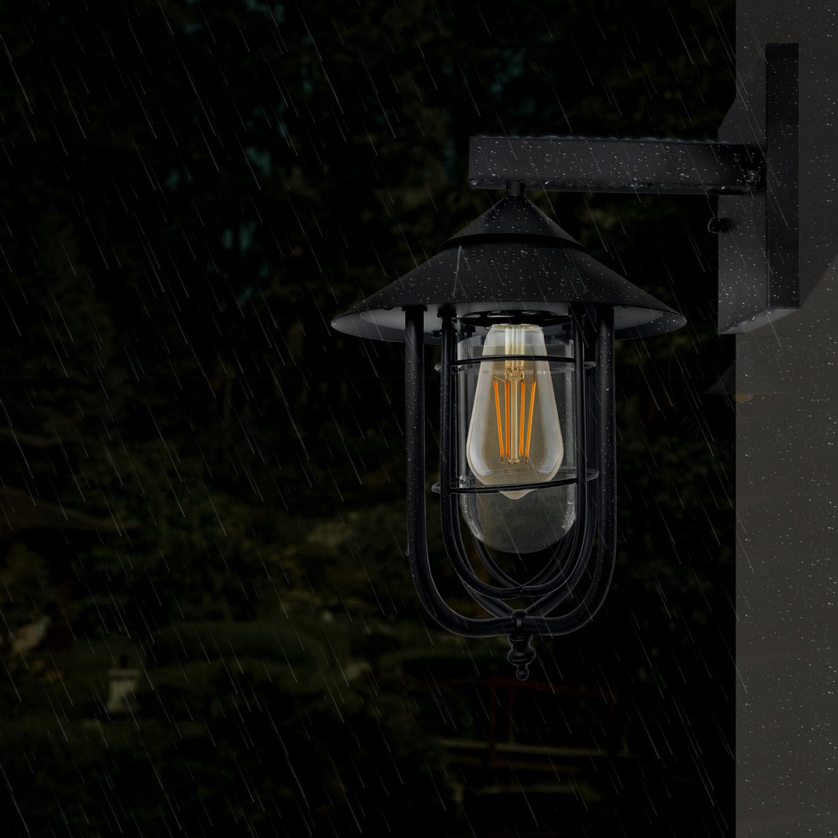 Vintage Outdoor Lantern Wall Light – Black, Ribbed Glass, E27 - photo 8