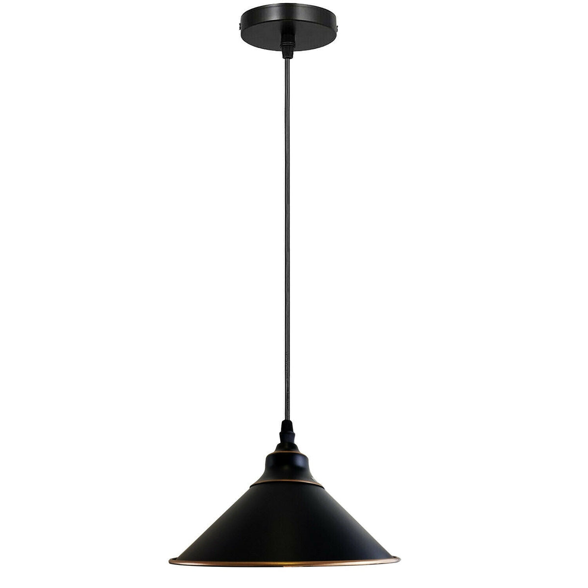 Vintage Pendant Light – Metal Dome or Cone Shade, 6 Finishes, E27 - Black & Gold Line, Flat Cone 22 cm Black & Gold Line, Without Bulb