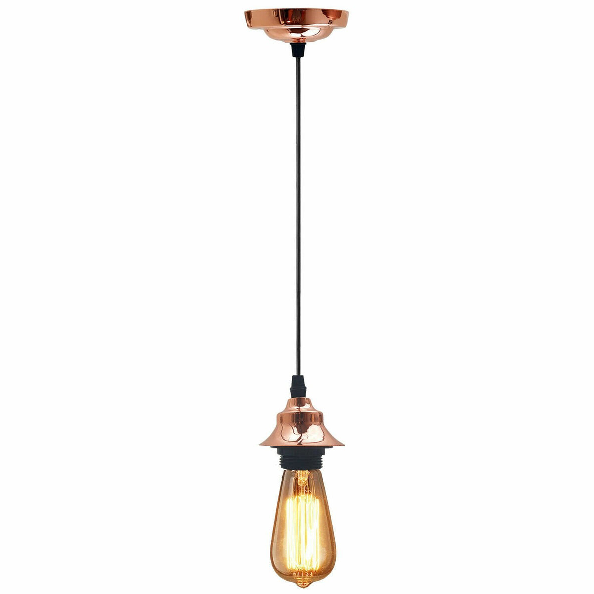 Vintage Pendant Light – Metal Dome or Cone Shade, 6 Finishes, E27 - Rose Gold, No Shade, Without Bulb
