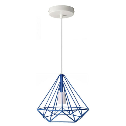 Geometric Diamond Cage Pendant Light – Coloured Holder & Cage, E27 - Blue, Geometric Cage Blue, ST64 LED Bulb 4W