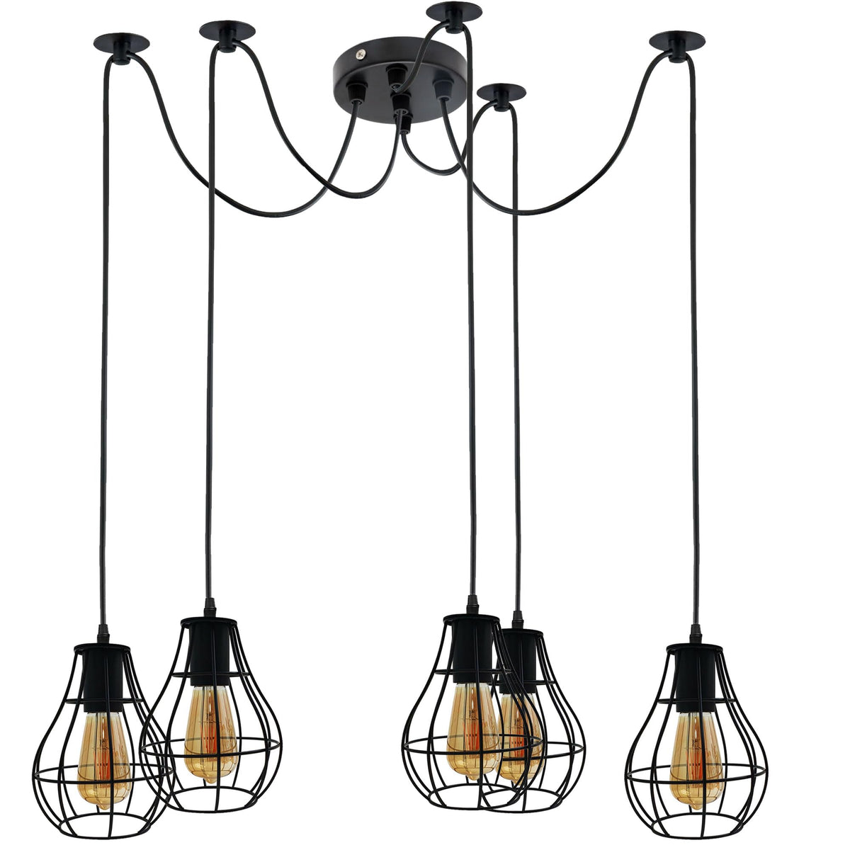 5 Light Spider Pendant – Black Pear Cages, 2 m Cables, E27 - photo 2