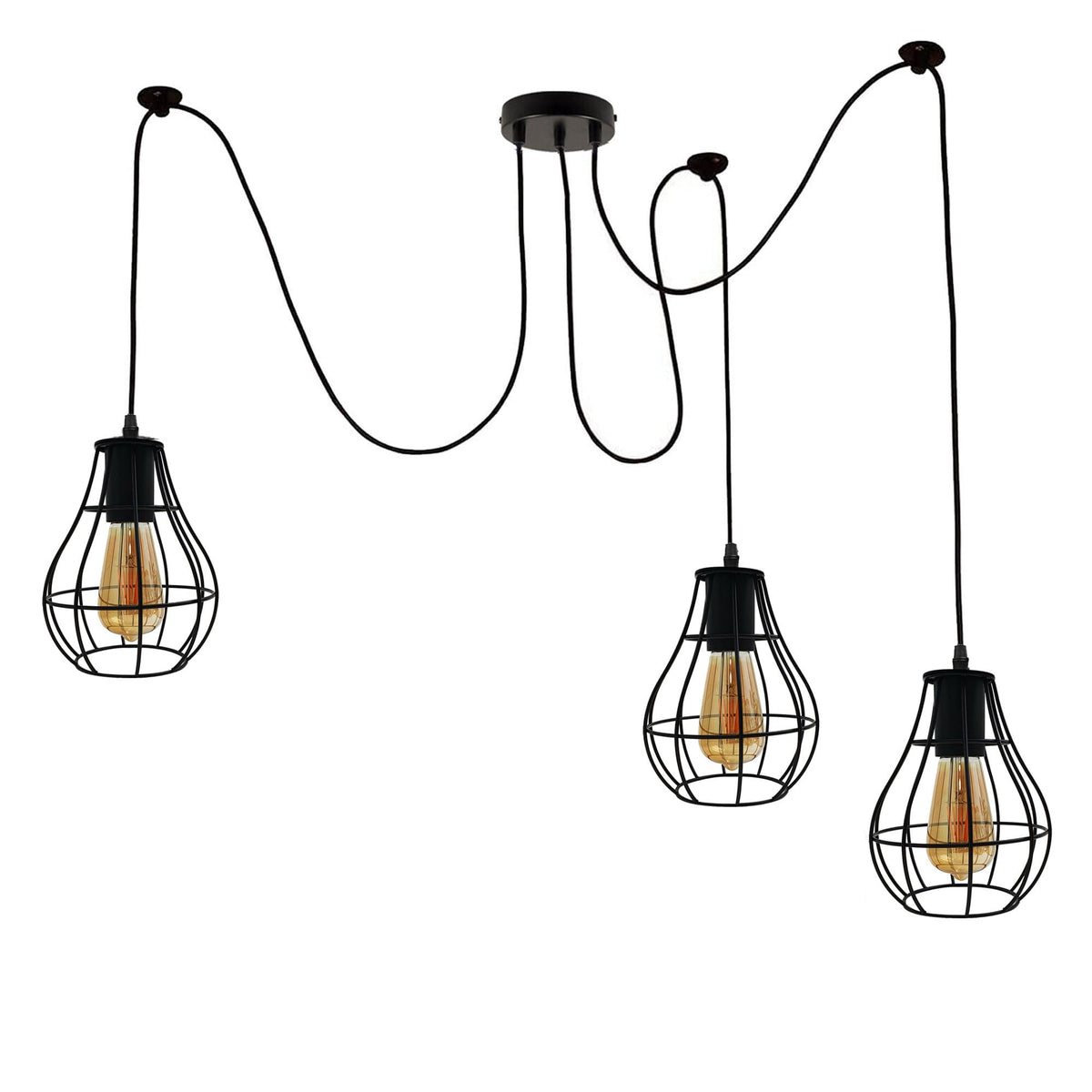3 Light Spider Pendant – Black Pear Cages, 2 m Cables, E27 - photo 2