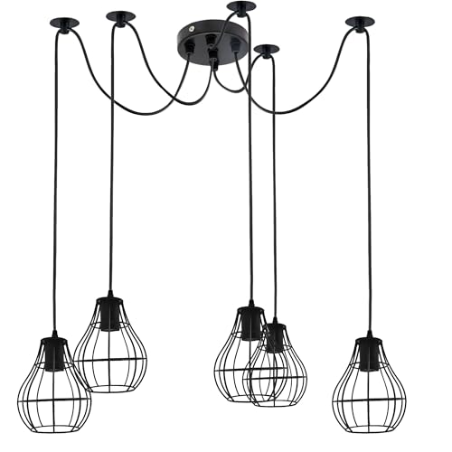 5 Light Spider Pendant – Black Pear Cages, 2 m Cables, E27 - Black, Cage Black, Without Bulb