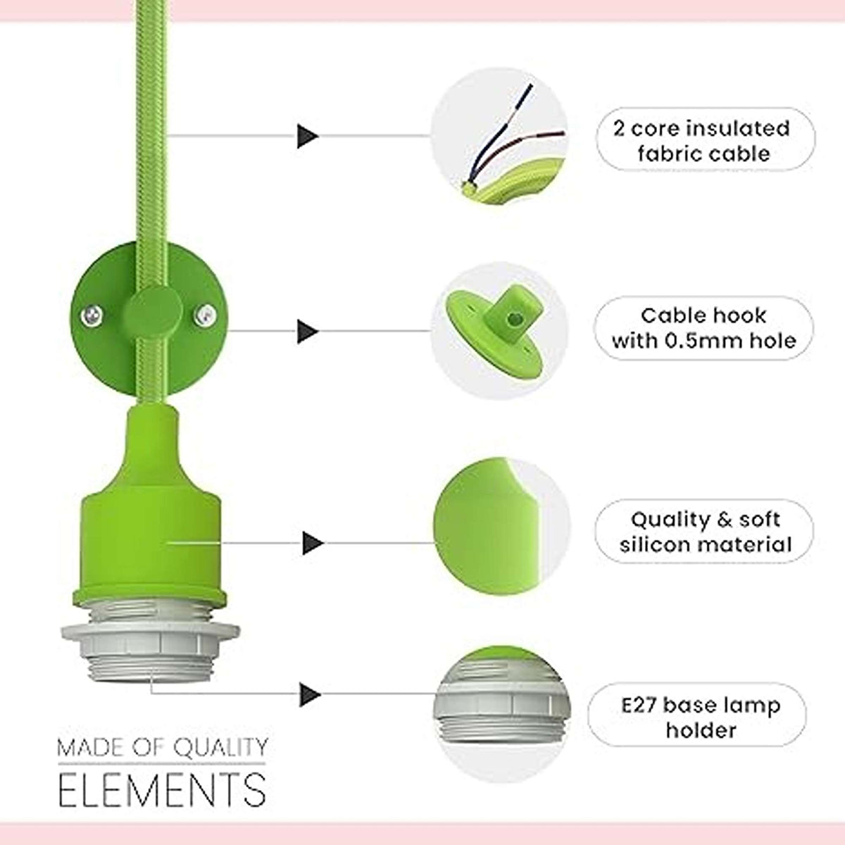 Silicone Pendant Light Set – Light Green Fabric Cable, E27 - photo 2