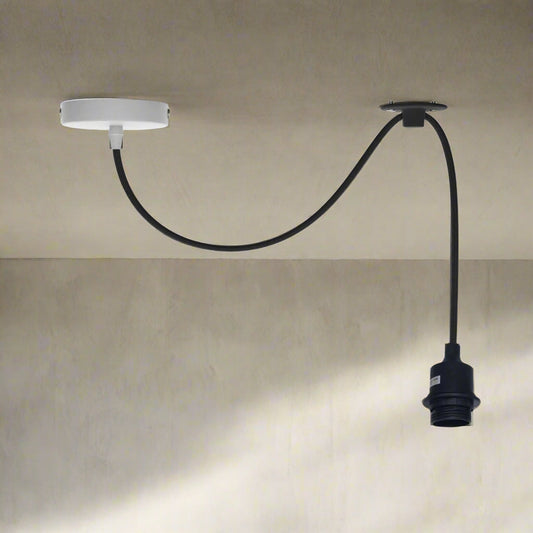 Silicone Swag Pendant Light – 2 m Fabric Cable, Shade Options, E27 - Black, No Shade, Without Bulb