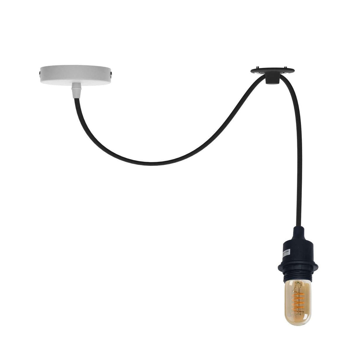 Silicone Swag Pendant Light – 2 m Fabric Cable, Shade Options, E27 - Black, No Shade, ST45 LED Bulb 4W