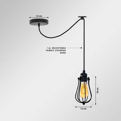 Silicone Swag Pendant Light – 2 m Fabric Cable, Shade Options, E27 - Black, Round Cage Black, T130 LED Bulb 4W