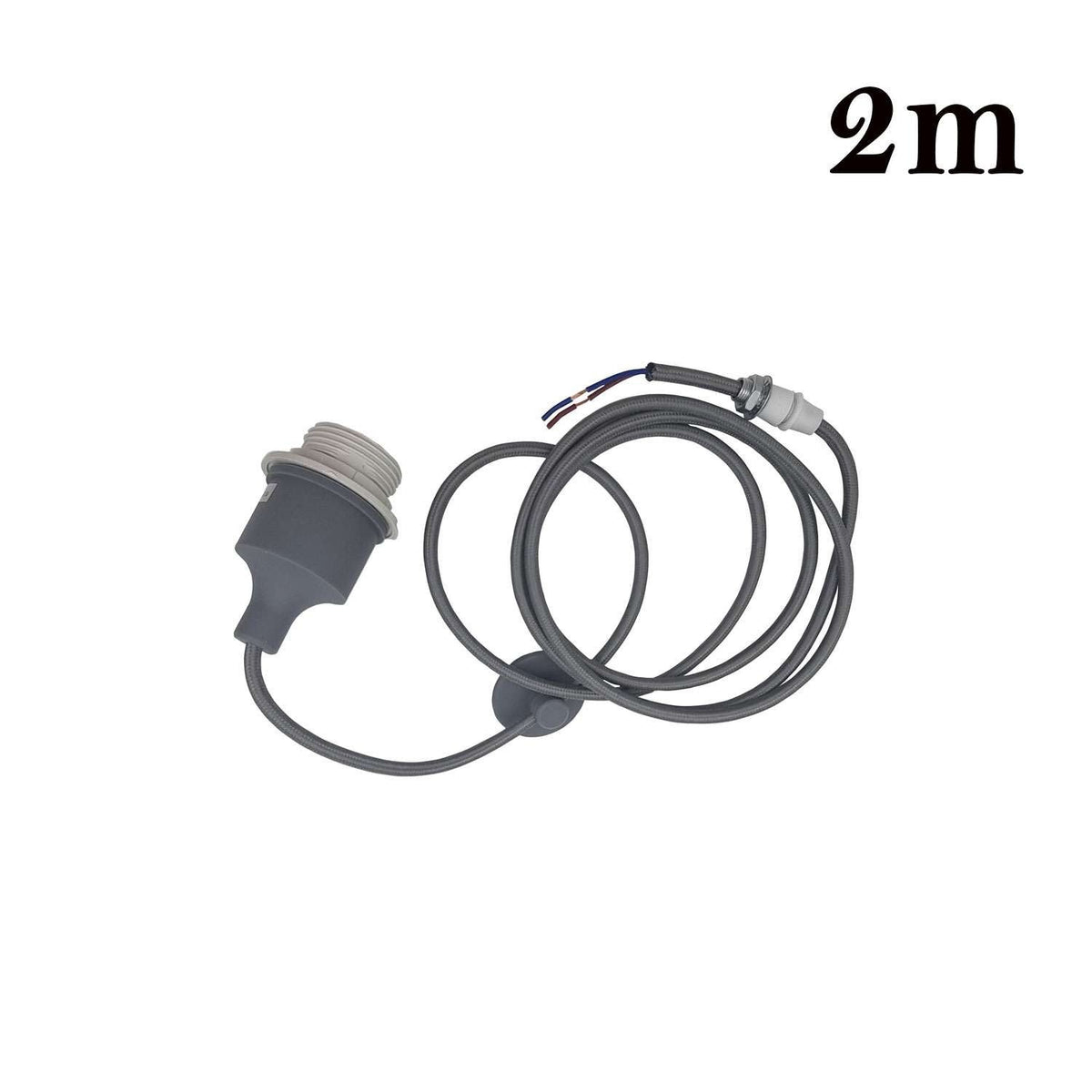 Silicone Swag Pendant Light – 2 m Fabric Cable, Shade Options, E27 - Grey, No Shade, Holder Only, Without Bulb
