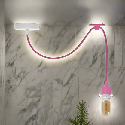 Silicone Swag Pendant Light – 2 m Fabric Cable, Shade Options, E27 - Pink, No Shade, ST45 LED Bulb 4W