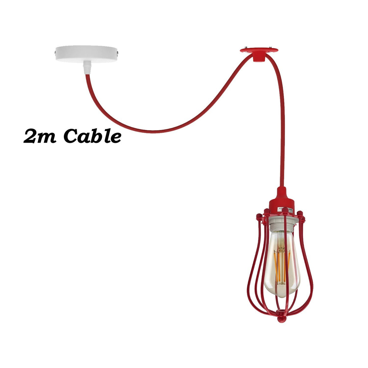 Silicone Swag Pendant Light – 2 m Fabric Cable, Shade Options, E27 - Red, Round Cage Red, T130 LED Bulb 4W