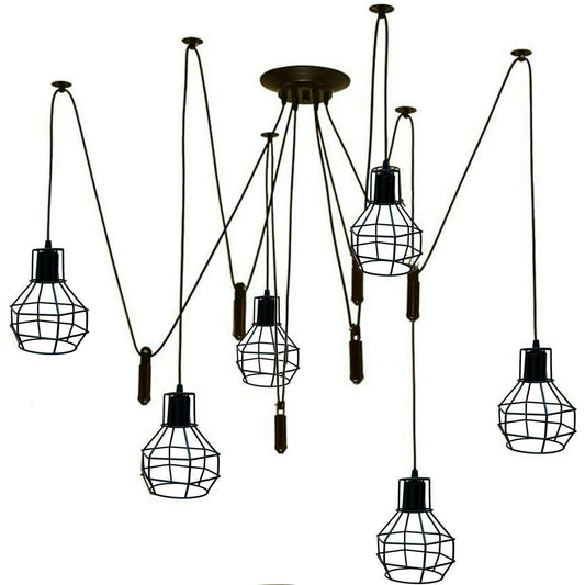 6 Light Spider Pendant – Rise & Fall Pulleys, Black Wire Cages, E27 - Black, Black Wire Cages, Without Bulb