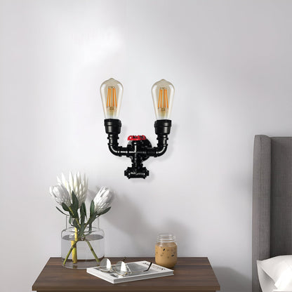 Twin Water Pipe Wall Light with Red Valve – Black, 2 x E27 - photo 2