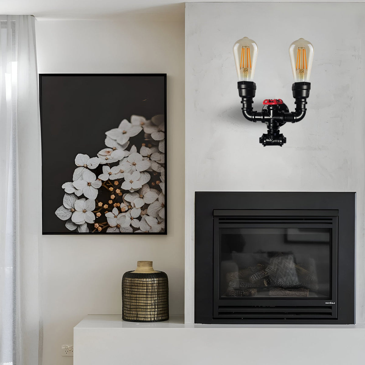 Twin Water Pipe Wall Light with Red Valve – Black, 2 x E27 - photo 3
