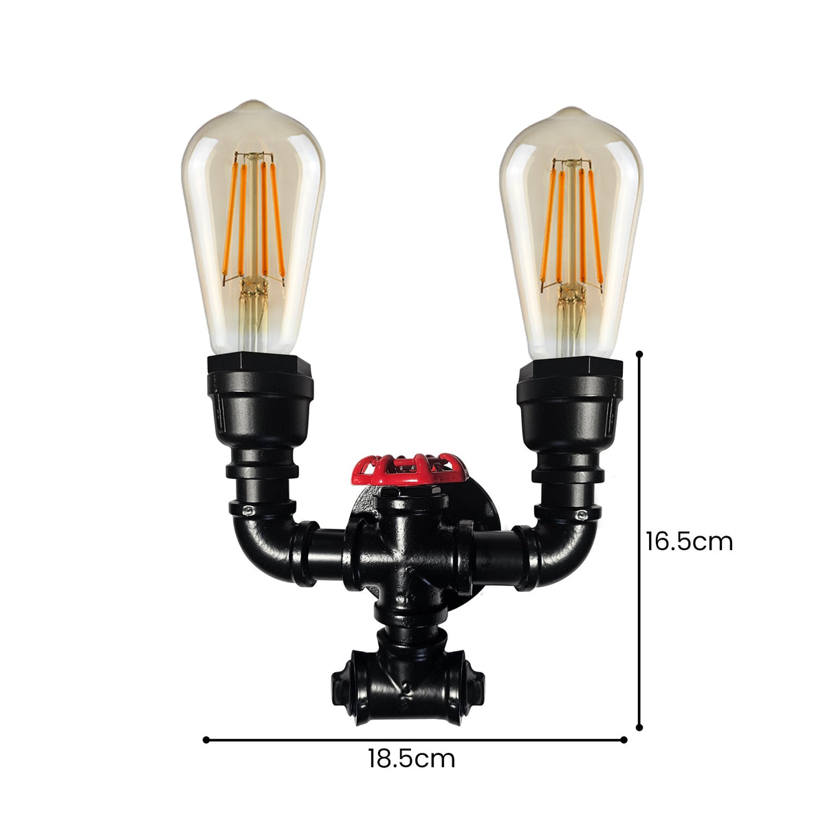 Twin Water Pipe Wall Light with Red Valve – Black, 2 x E27 - photo 5