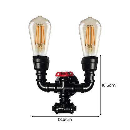 Twin Water Pipe Wall Light with Red Valve – Black, 2 x E27 - photo 5
