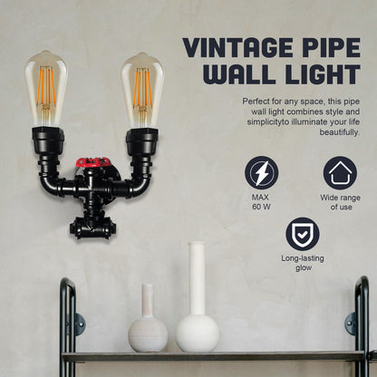 Twin Water Pipe Wall Light with Red Valve – Black, 2 x E27 - photo 6