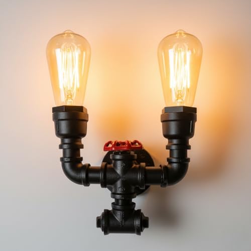 Twin Water Pipe Wall Light with Red Valve – Black, 2 x E27 - Black, No Shade, ST64 Bulb