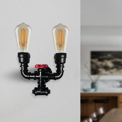 Twin Water Pipe Wall Light with Red Valve – Black, 2 x E27