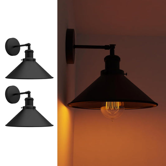 Black Swing Arm Wall Light with Flat Cone Shade – Pack of 2 - Black, No Shade, ST64 Bulb