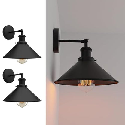 Black Swing Arm Wall Light with Flat Cone Shade – Pack of 2 - Black, No Shade, Without Bulb