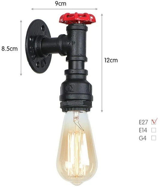 Steampunk Water Pipe Wall Light with Red Valve – Rustic Red, E27 - photo 2