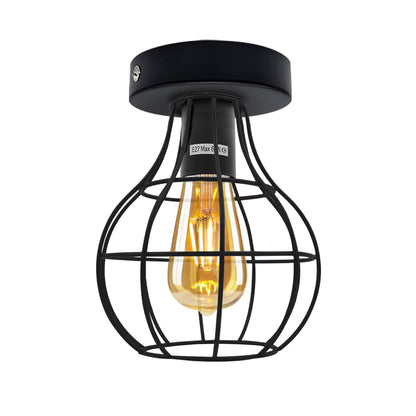 Flush Ceiling Lamp Holder – E27, 7 Colours, Optional Cage & Bulb - Black, Balloon Cage Black, Without Bulb