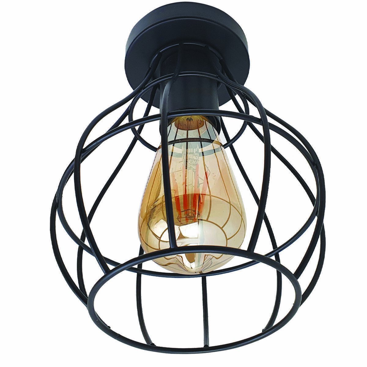 Flush Ceiling Lamp Holder – E27, 7 Colours, Optional Cage & Bulb - Black, Cage Black, Black Shade MV, Without Bulb