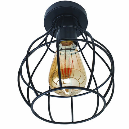 Flush Ceiling Lamp Holder – E27, 7 Colours, Optional Cage & Bulb - Black, Cage Black, Black Shade MV, Without Bulb