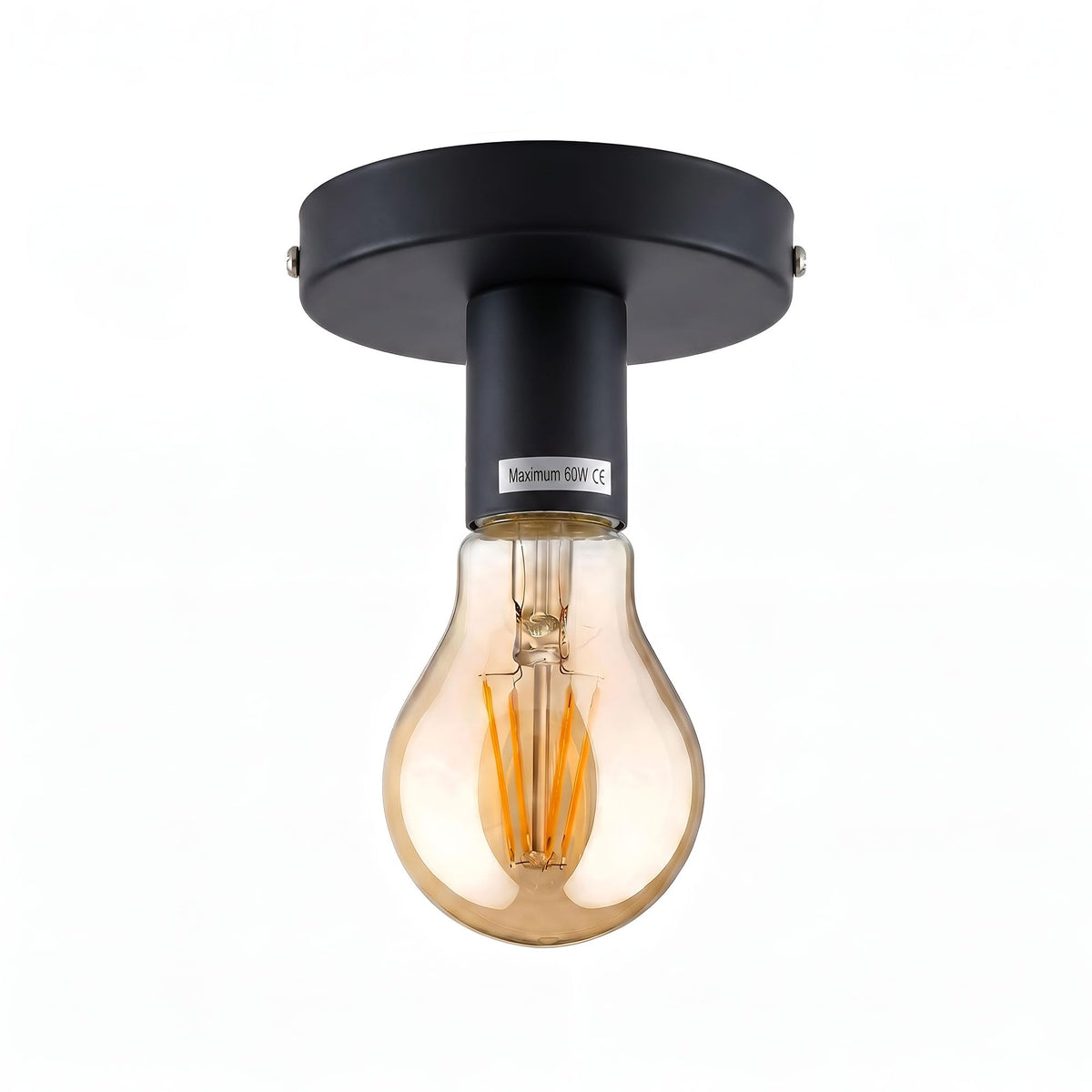 Flush Ceiling Lamp Holder – E27, 7 Colours, Optional Cage & Bulb - Black, No Shade, A60 LED Bulb 4W