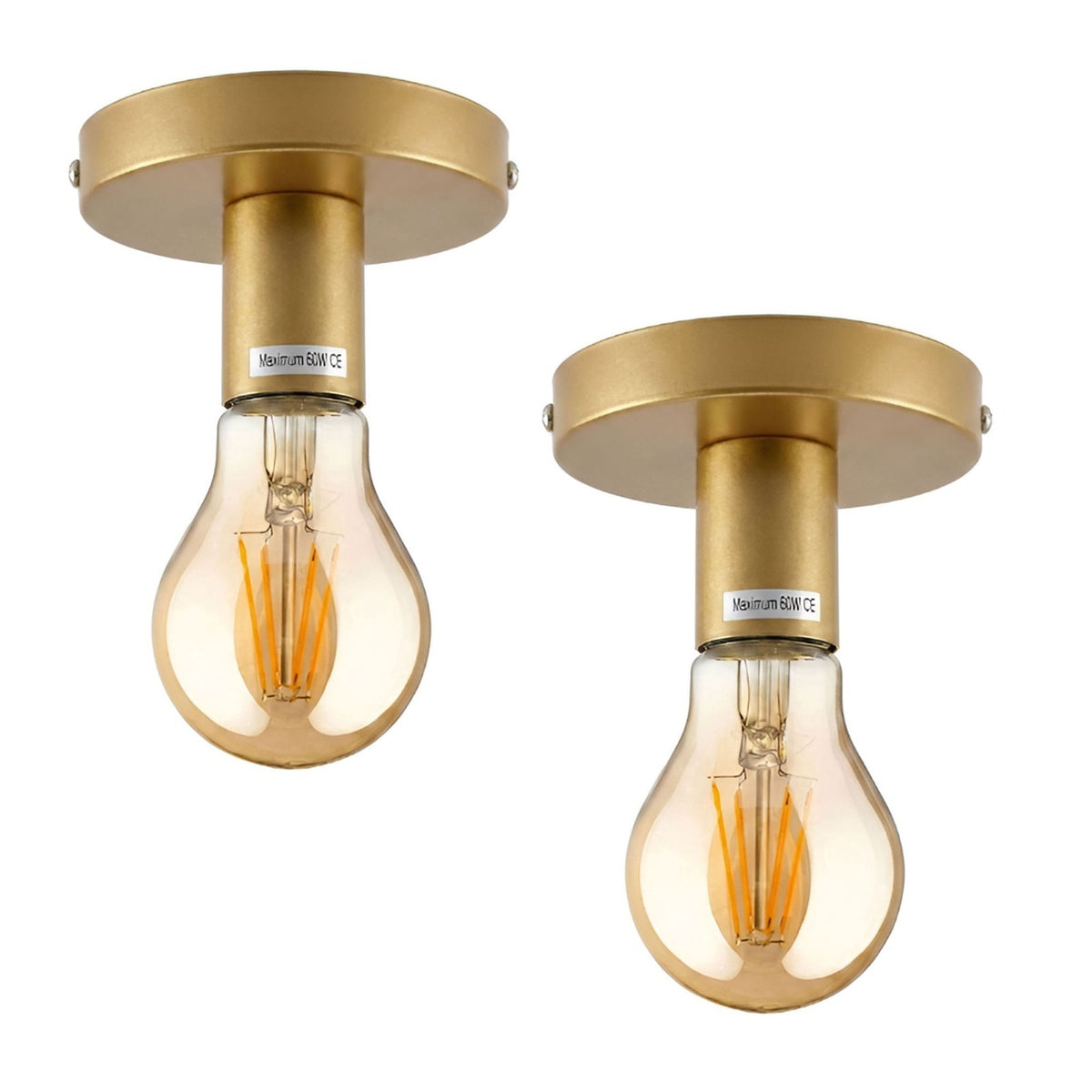 Flush Ceiling Lamp Holder – E27, 7 Colours, Optional Cage & Bulb - Gold, No Shade Pack of 2, A60 LED Bulb 4W