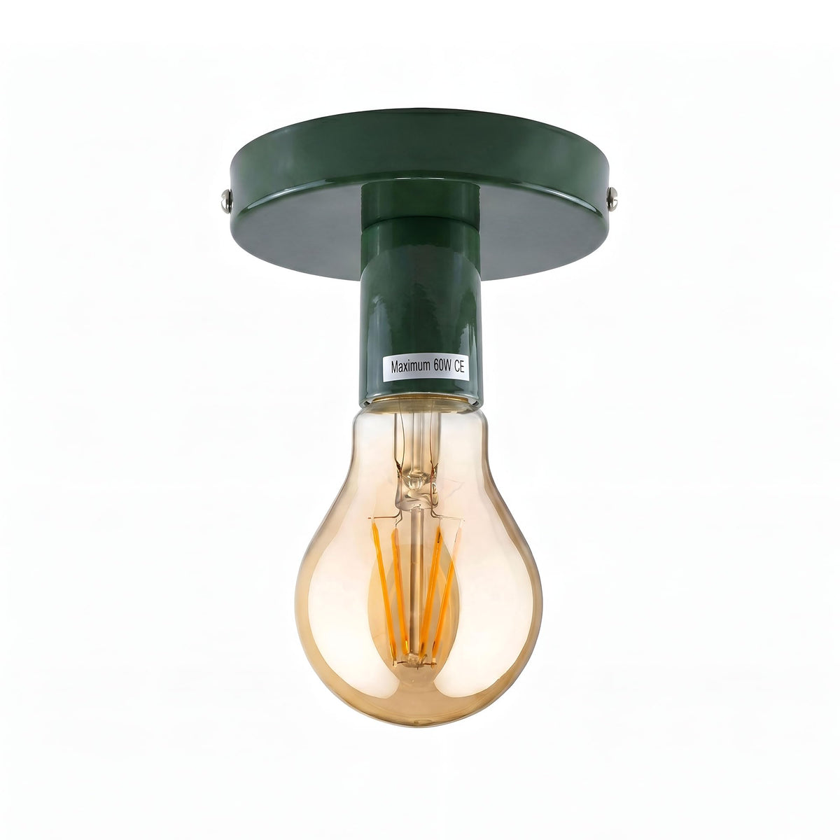 Flush Ceiling Lamp Holder – E27, 7 Colours, Optional Cage & Bulb - Green, No Shade, A60 LED Bulb 4W