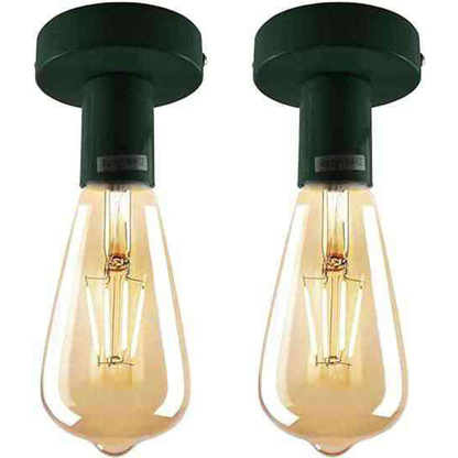 Flush Ceiling Lamp Holder – E27, 7 Colours, Optional Cage & Bulb - Green, No Shade, Pack of 2 with ST64 Bulbs