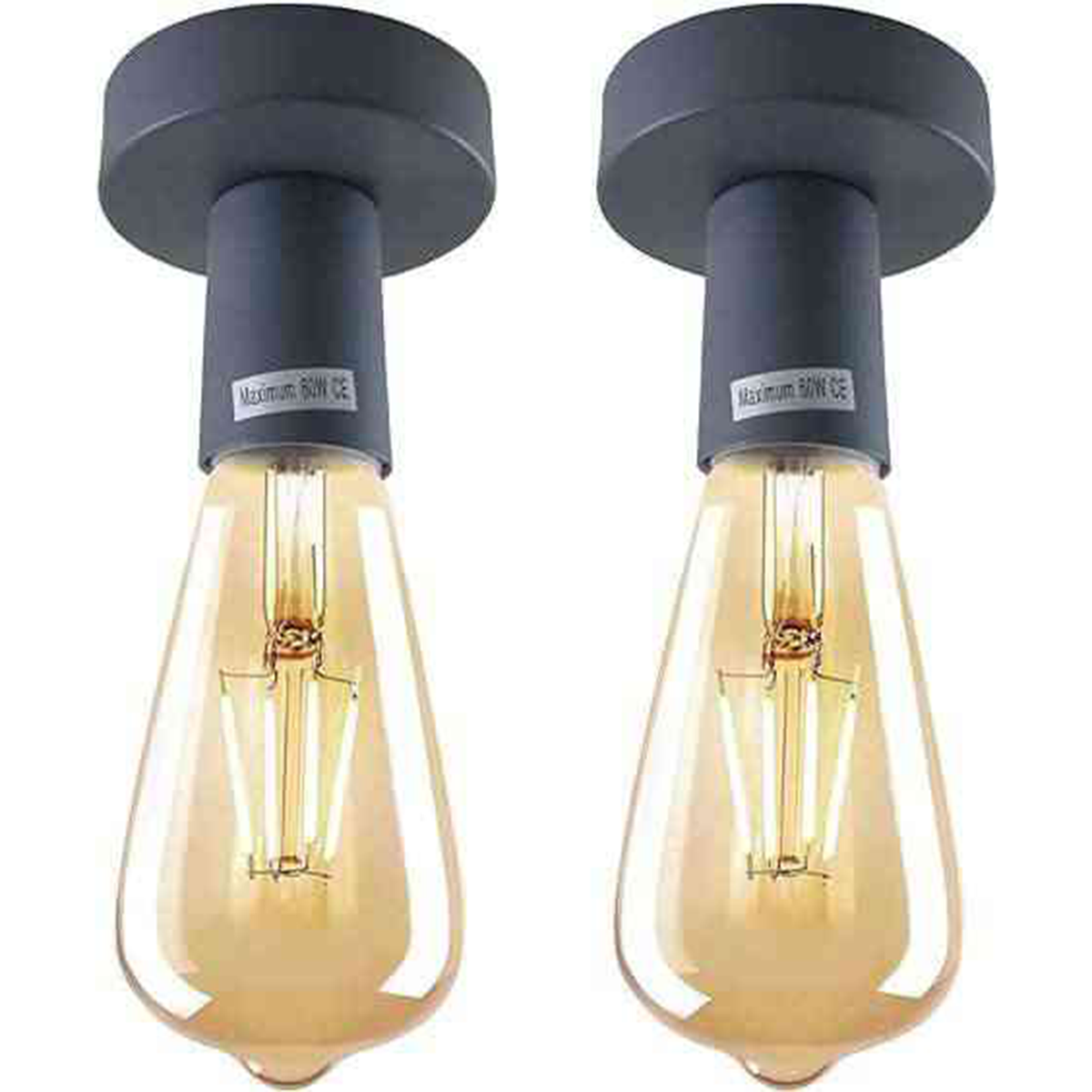 Flush Ceiling Lamp Holder – E27, 7 Colours, Optional Cage & Bulb - Grey (Pack of 2), No Shade, Pack of 2 with ST64 Bulbs