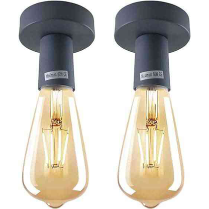 Flush Ceiling Lamp Holder – E27, 7 Colours, Optional Cage & Bulb - Grey (Pack of 2), No Shade, Pack of 2 with ST64 Bulbs