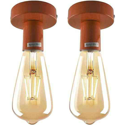 Flush Ceiling Lamp Holder – E27, 7 Colours, Optional Cage & Bulb - Orange, No Shade, Pack of 2 with ST64 Bulbs