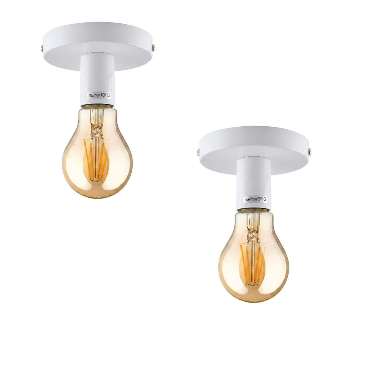 Flush Ceiling Lamp Holder – E27, 7 Colours, Optional Cage & Bulb - White (Pack of 2), No Shade, Without Bulb