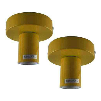 Flush Ceiling Lamp Holder – E27, 7 Colours, Optional Cage & Bulb - Yellow, No Shade Pack of 2, Without Bulb