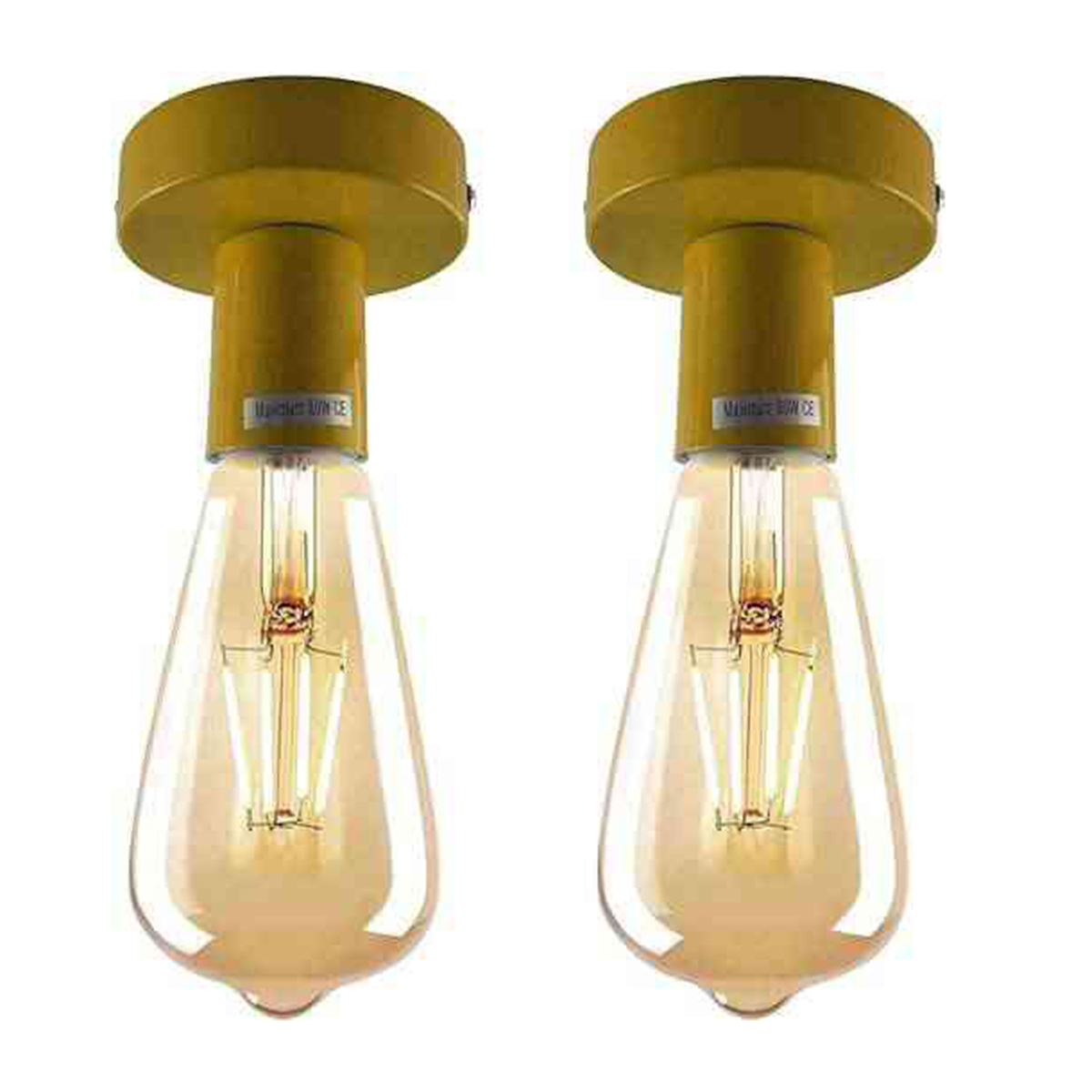 Flush Ceiling Lamp Holder – E27, 7 Colours, Optional Cage & Bulb - Yellow, No Shade, Pack of 2 with ST64 Bulbs