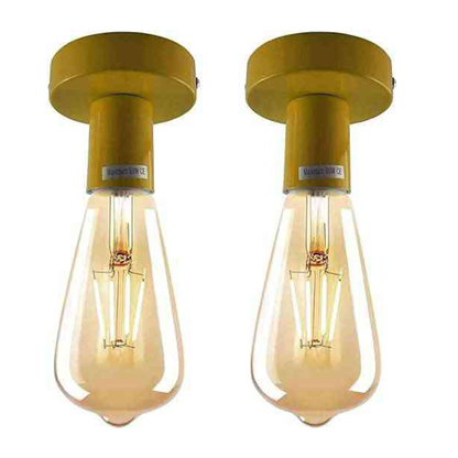Flush Ceiling Lamp Holder – E27, 7 Colours, Optional Cage & Bulb - Yellow, No Shade, Pack of 2 with ST64 Bulbs