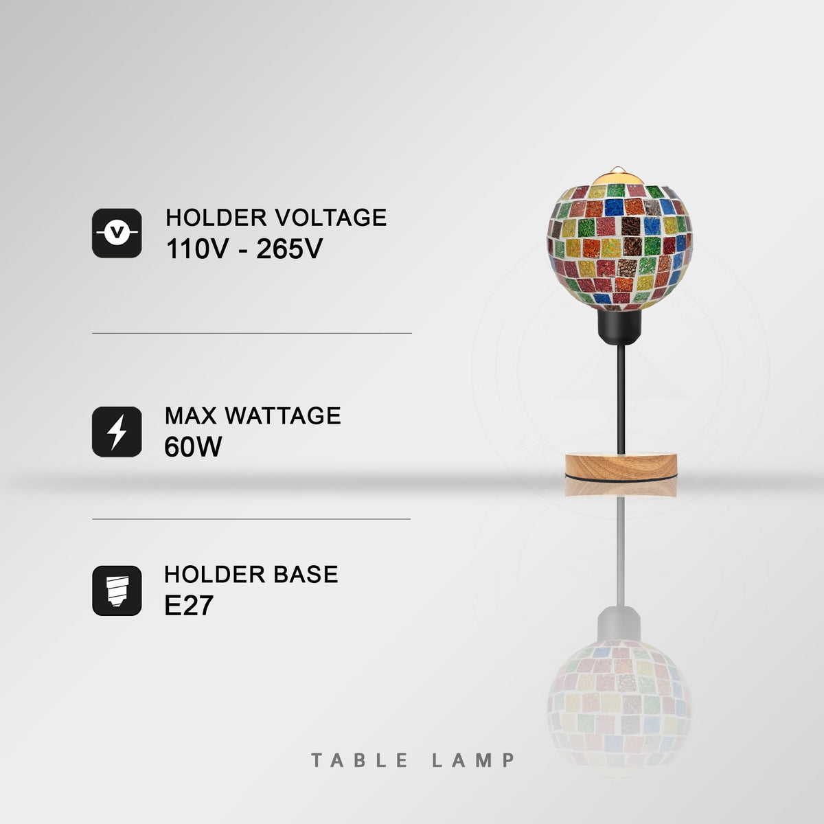 Vintage Mosaic Glass Globe Table Lamp Wooden Base E27 Plug-In - photo 2