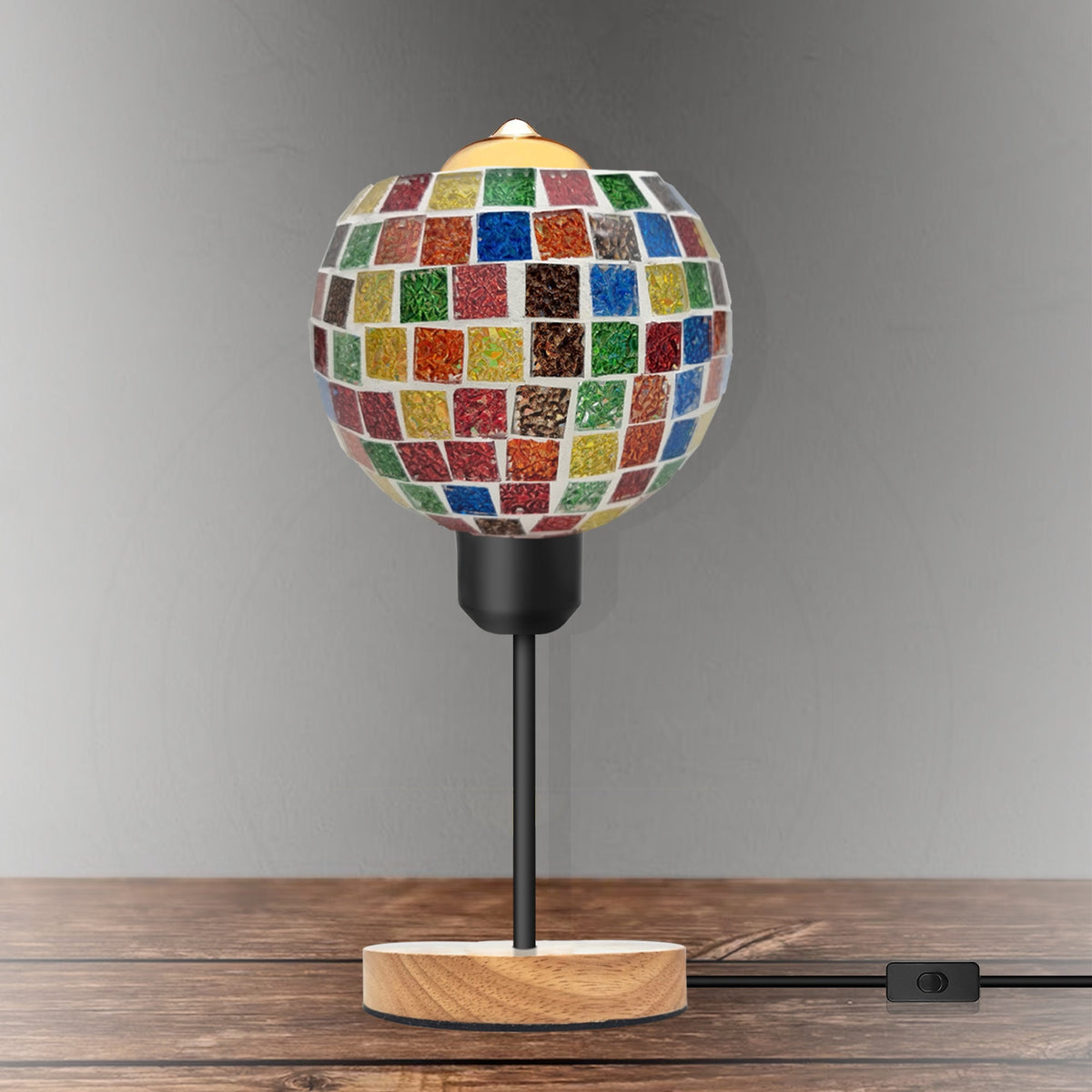 Vintage Mosaic Glass Globe Table Lamp Wooden Base E27 Plug-In